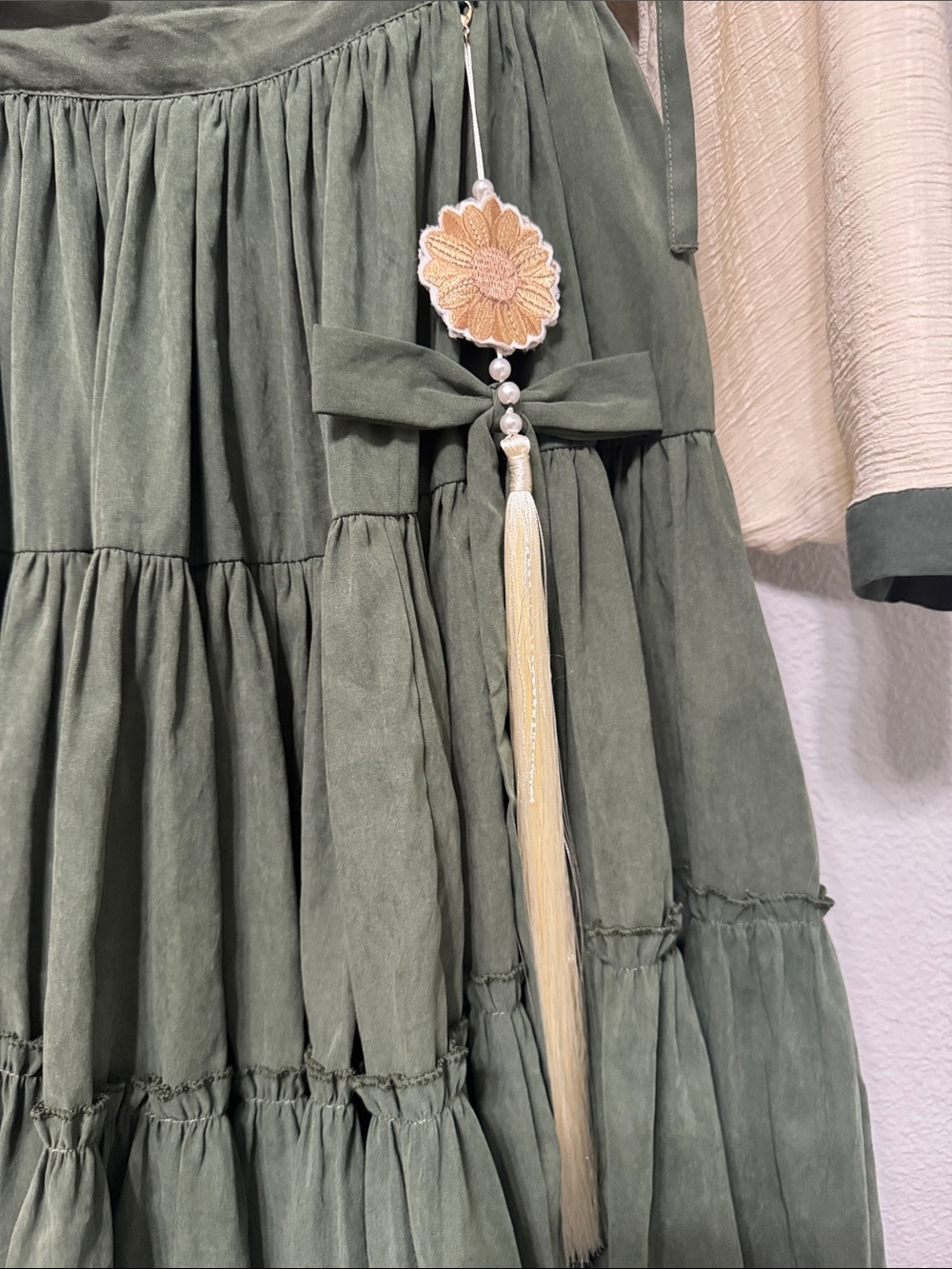 Cream & Olive Floral Embroidered Long Sleeve Dress with Suspender Skirt - Picture 4 of 16